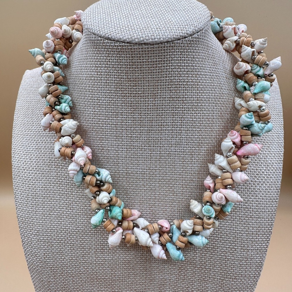 Colorful Seashell Wood Bead Necklace Coastal Boho Statement Beach Cottagecore